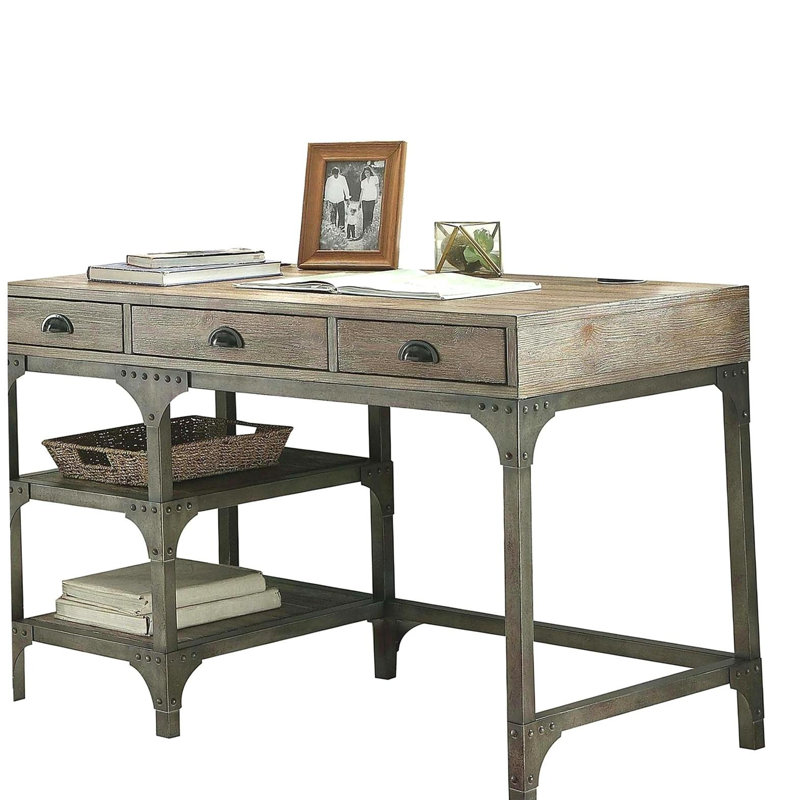 Bureau à 3 tiroirs en chêne vieilli et argent antique