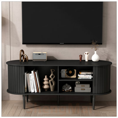 Console de télévision moderne 47 po avec rangement, porte coulissante et design Mid-Century pour le salon et la chambre à coucher