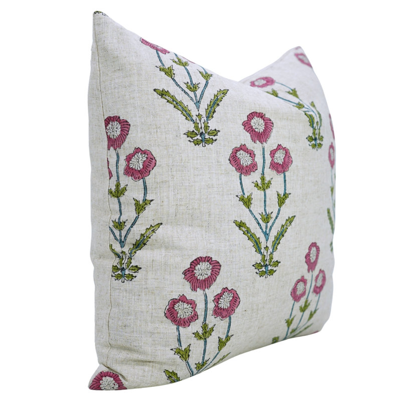 Fabdivine Artisan Block Print Linen Throw Pillow Cover for Home Décor, Amitabh,, Square 18", Pink