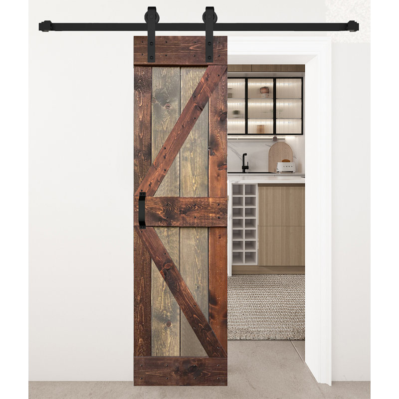 K Style 30in x 84in Knotty Pine Sliding Barn Door with Black Hardware