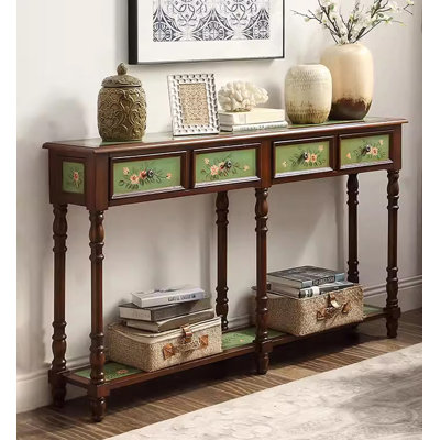 Vintage Hand-Painted Floral Console Table with 4 Drawers