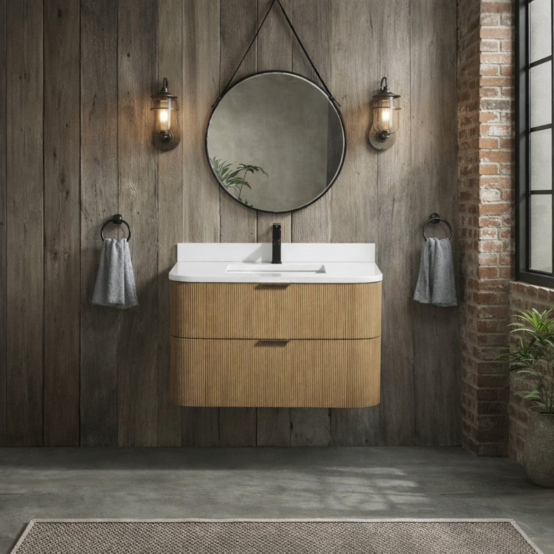 Bulloch 36'' Single Bathroom Vanity With Engineered Quartz Top, Oak