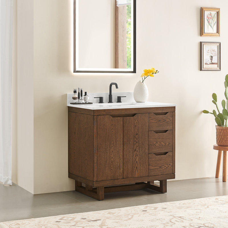 Ensemble de meuble-lavabo simple 36 po en chêne brossé brun avec grain de pierre blanc Mowry