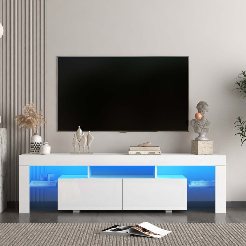 High Gloss TV Stand With LED Lights For Tvs Up To 65'', Modern TV Console With Storage Cabinets For Living Room, White