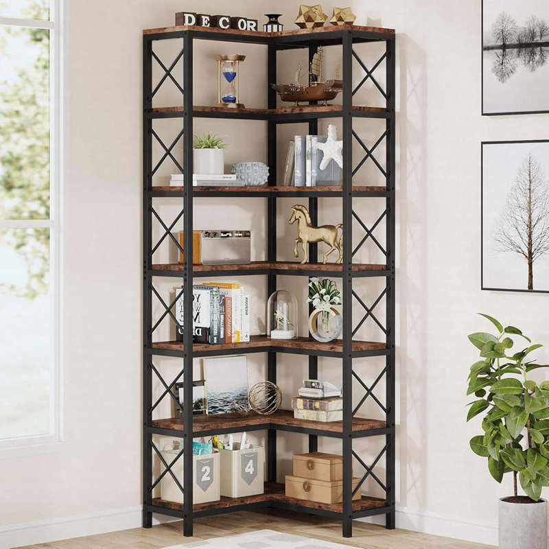Bibliothèque de coin 79,53 "à 7 niveaux en brun rustique, bibliothèque en bois et métal, Brun rustique