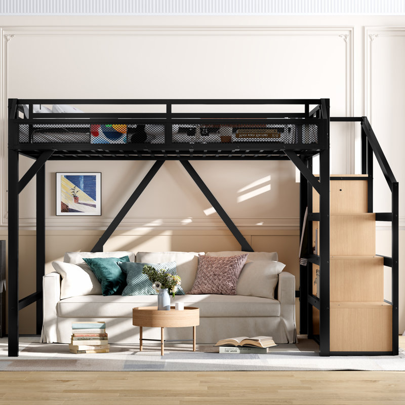 Queen Metal Loft Bed with Storage Stairs, Built-in Wardrobe, Shelves, USB Ports, and LED Lights, Natural Wood, Queen