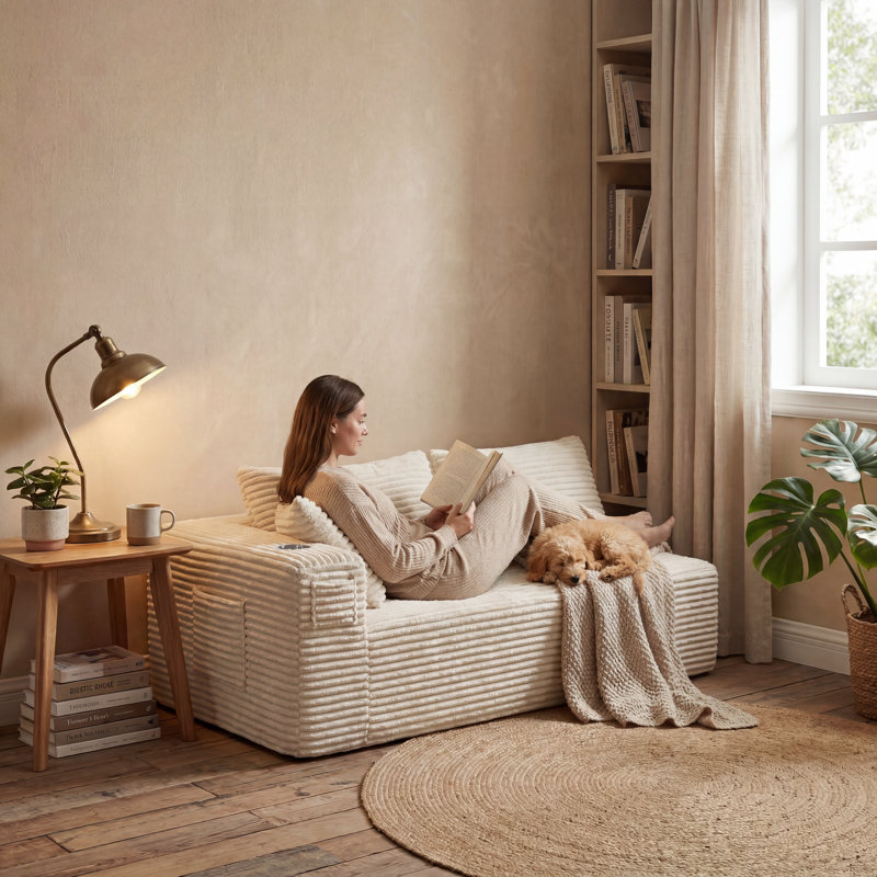 71" Wide Modern Open End Sofa With Right Armrest Deep Seat Asymmetric Design, Beige