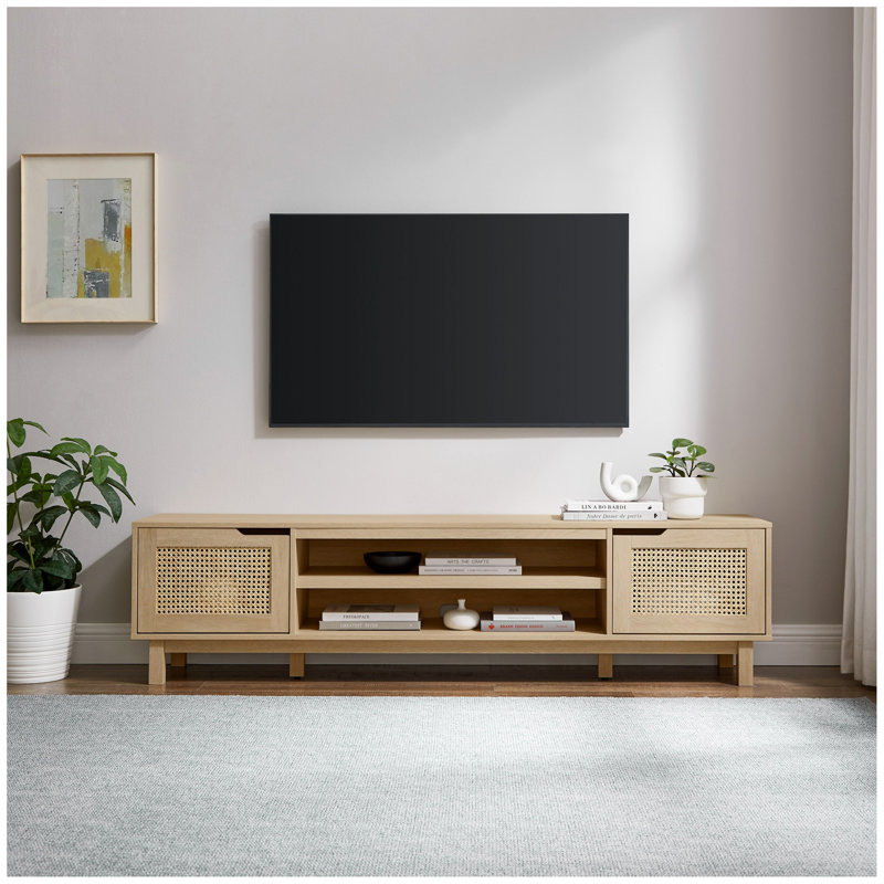 Meuble télé moderne avec porte en rotin pour téléviseur de 80 po ou moins , Marron clair