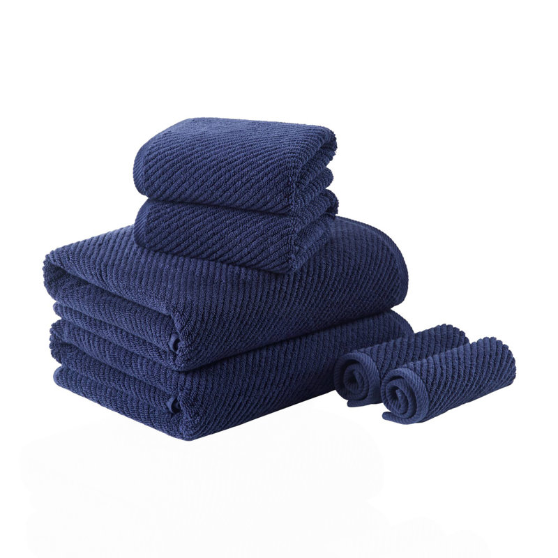 6-Piece 100% Cotton Quick Dry Diagonal Ribbed 6Pcs Towel Set, Navy
