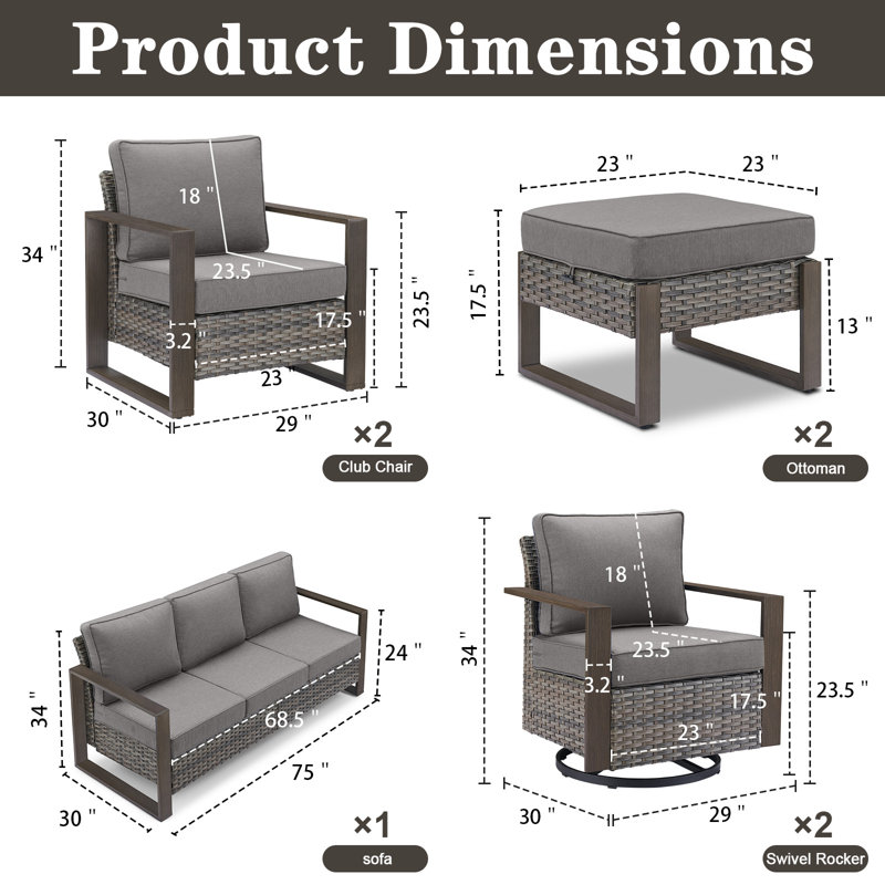 Kelyse 7 Piece All Weather Wicker Outdoor Sofa Seating Group with Cushions, Grey, Grey