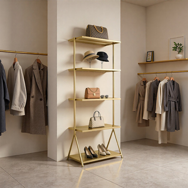 Gold Metal Luxury Display Shelf, (5 Shelves) 57.09"H x 31.5"W x 11.81"D
