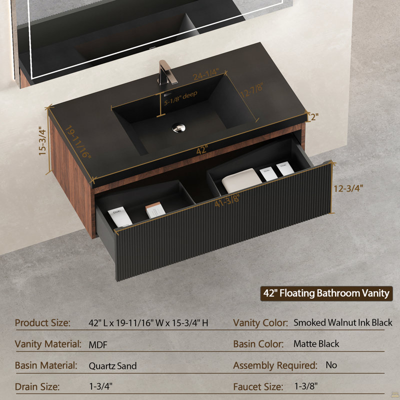 Meuble-lavabo flottant 42 po avec lavabo, meuble-lavabo mural rayé avec tiroirs à fermeture en douceur et cuve à quartz noir, entièrement assemblé