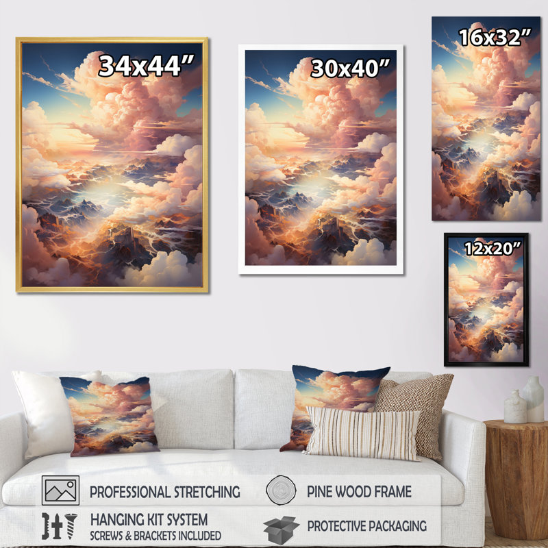 Nuage de prairies collages III - paysage et nature, art mural sur toile, Encadrement doré, H 20 po x l 12 po x P 1 po