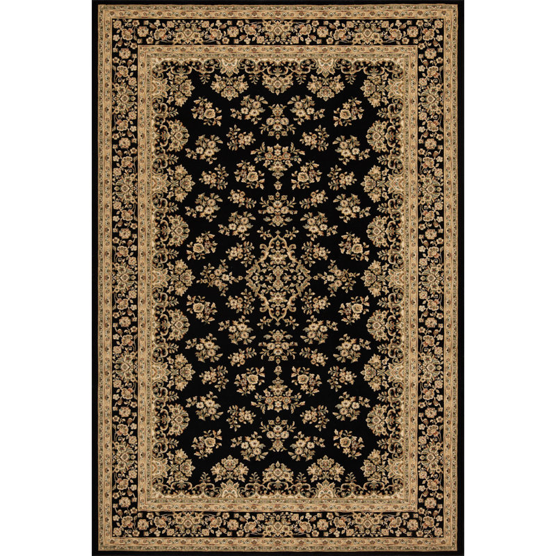 Tapis floral / botanique transitionnel noir / beige Izmir Collection, Rectangle 7 pi 10 po x 10 pi
