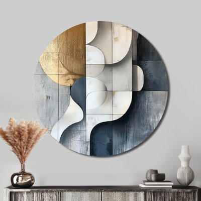 Geometric Gold And Grey Pure Form I - Abstract Geometric Round Metal Wall Art
