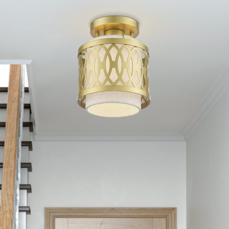1 Light English Bronze Semi-Flush With Hand Crafted Oatmeal Color Fabric Hardback Shade, Soft Gold
