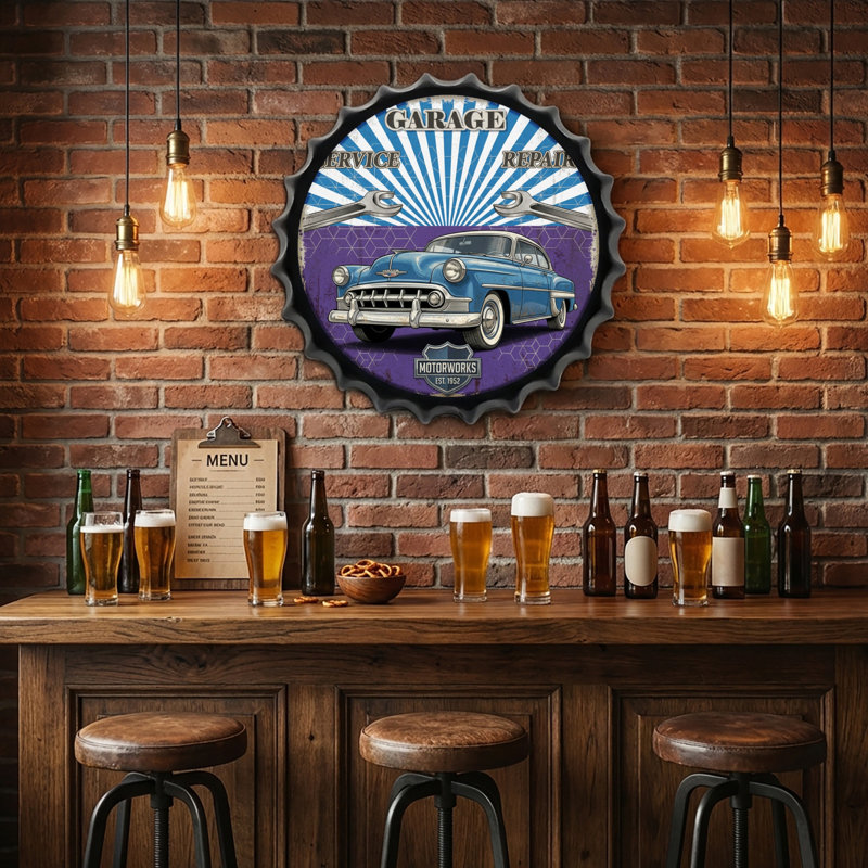 Bouchons de bouteille de voiture classique, plaques d'étain en métal, art mural, plaque, décoration de maison rétro, 13,8 x 13,8 pouces