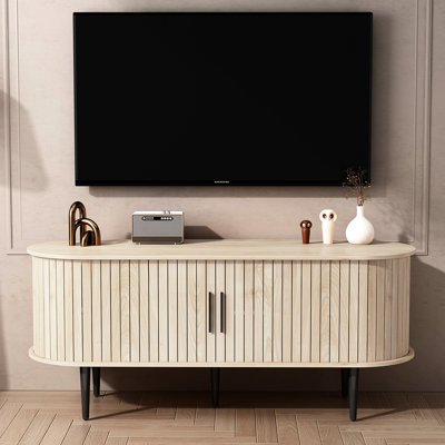 47" Tv Console Table, Storage, Sliding Door, Gaming Entertainment Center, Large Tabletop, Natural Wood Color Wide
