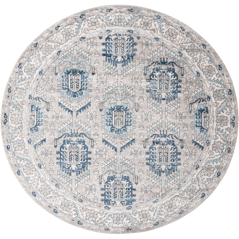 Tapis gris / ivoire / bleu Weingartner, Rond 5 pi 3 po