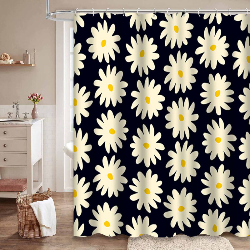 Rideau de douche jaune foncé avec 12 crochets Drawn Flowers, L 72 po x l 72 po
