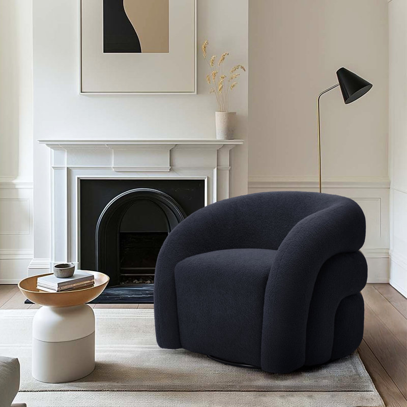 Fauteuil demi-tonneau pivotant rembourré Aunna, Mélange de polyester bleu marine