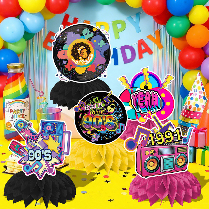 90s Birthday Party Supplies, 12 Pcs 90s Honeycomb Centerpieces for Table Decoration Set