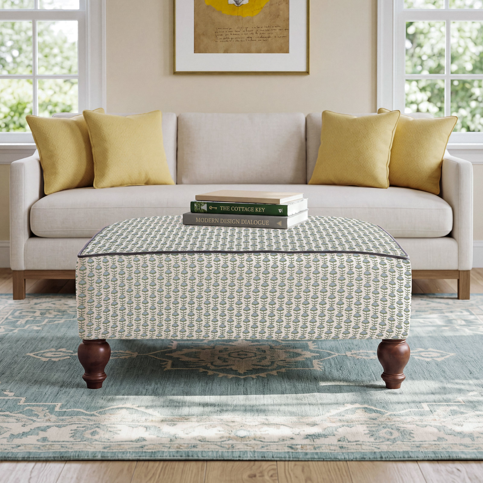 Erin & Ben Co. Renelle Upholstered Ottoman, Cream/Blue/Green