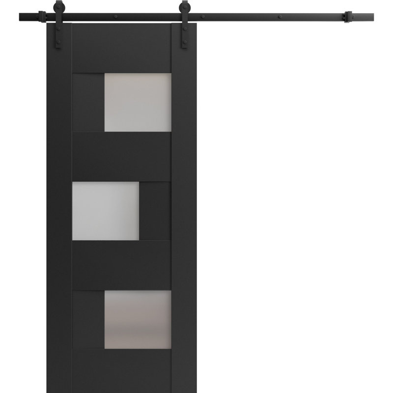 Porte de grange robuste Sete | Avec verre givré | Ensemble de quincaillerie lourde 6,6 pi | Portes intérieures solides
