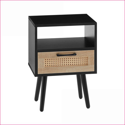 Table basse en rotin noir avec tiroir & amp; Pieds en bois massif - Rangement robuste pour le salon / la chambre à coucher