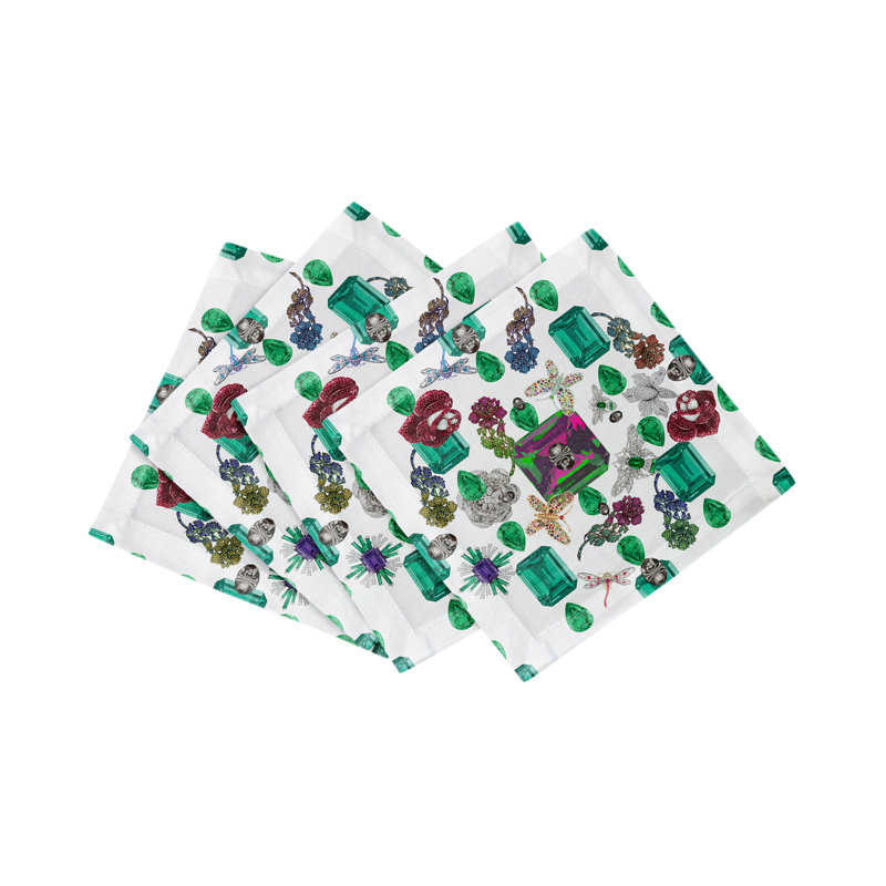Jewel Box Emeralds Cotton Sateen Cocktail Napkins, White