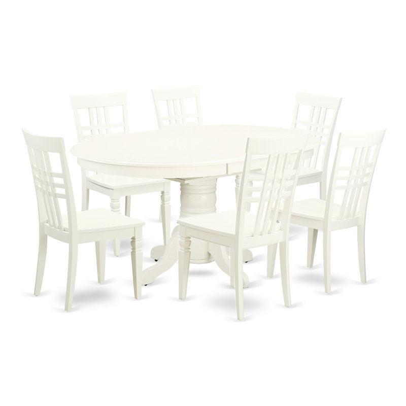 Ensemble de table de salle à manger 7 pièces composé d'une table de salle à manger ovale avec rallonge papillon et 6 chaises en bois, lin blanc
