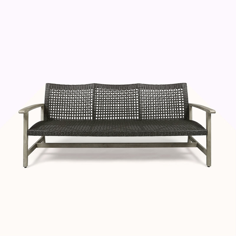 Outdoor Acacia Wood Wicker 3 Seater Sofa, Patio Furniture Conversation Set For Backyard, Gray