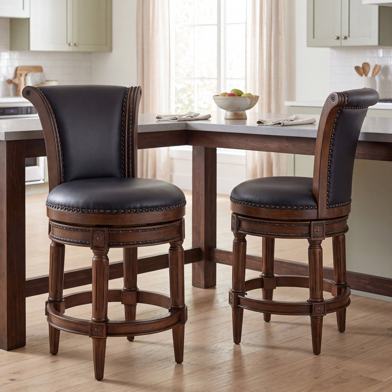 Elveria Classic Upholstered Bar Stools With Wooden Frame And Nailhead Trim, Dark Walnut/Brown, 4