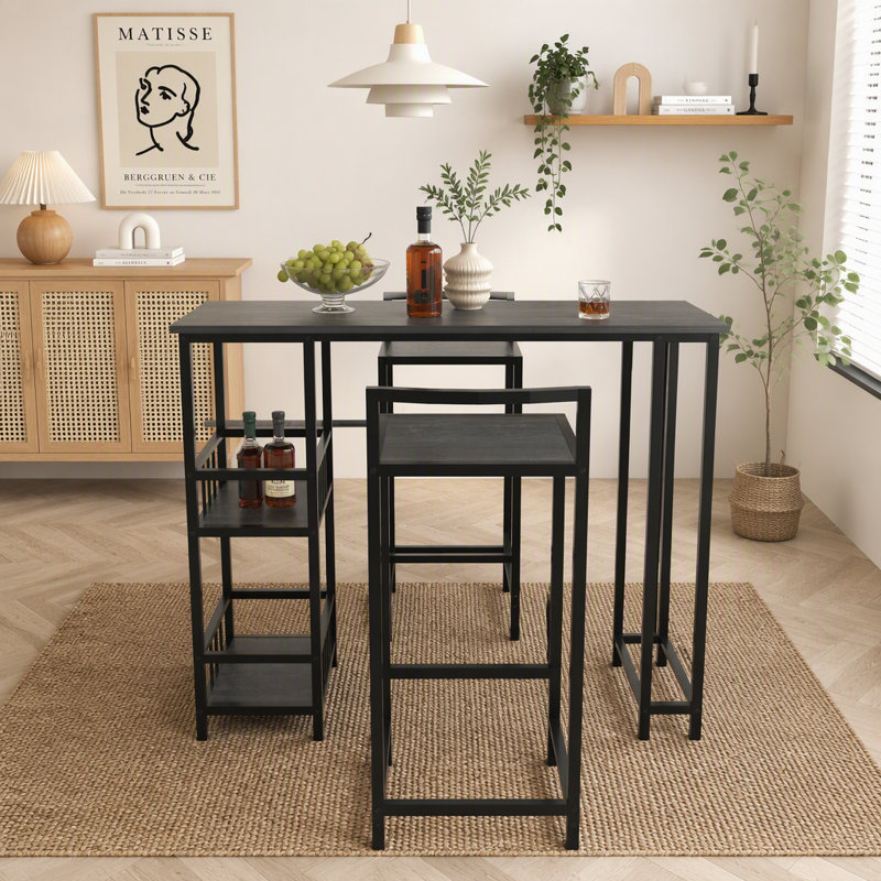 Ensemble de table de bar 3 pièces avec 2 tabourets de bar sans dossier, table de bar rectangulaire avec rangement latéral à 3 niveaux, aspect bois industriel