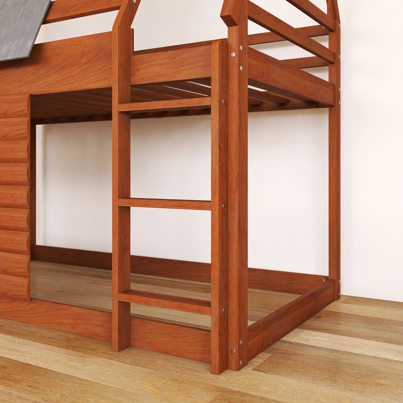 Lit superposé simple au-dessus de simple avec cadre en bois avec toit, échelle et 2 fenêtres