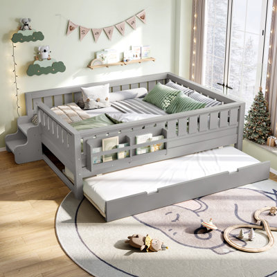 Lit double avec lit gigogne, bibliothèque intégrée et petit escalier - Lit simple pour enfants avec rails de sécurité, gris