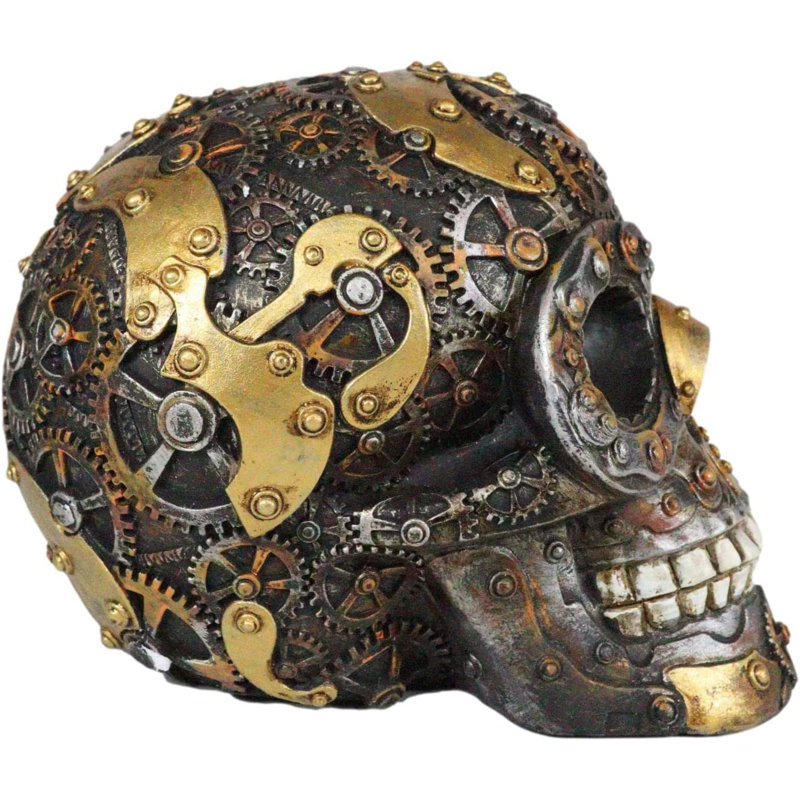 The Holiday Aisle® Steampunk TimeSystem Time Machineed Nuts Gears Bolts Gearwork Robotique Cyber Android Figurine de crâne hybride humain Terminator Sci Fi Mécanisme de crâne Crâne Design squelette