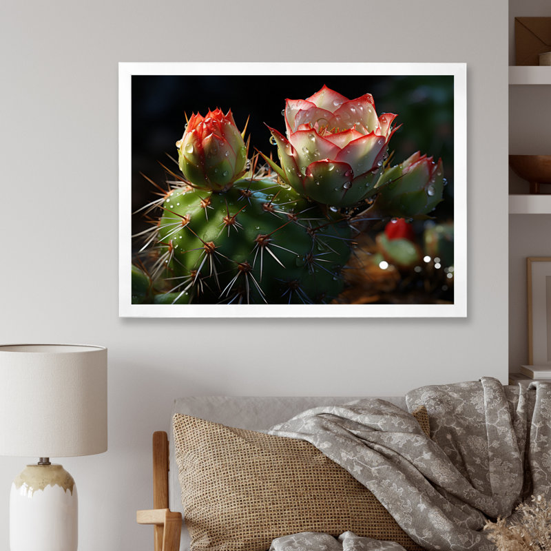 Champ de cactus vert et rouge - impression, Cadre simple blanc, H 16 po x l 32 po x P 1 po