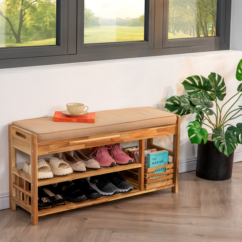 Solid Wood Shoe Storage Bench with Cushion, Light Natural