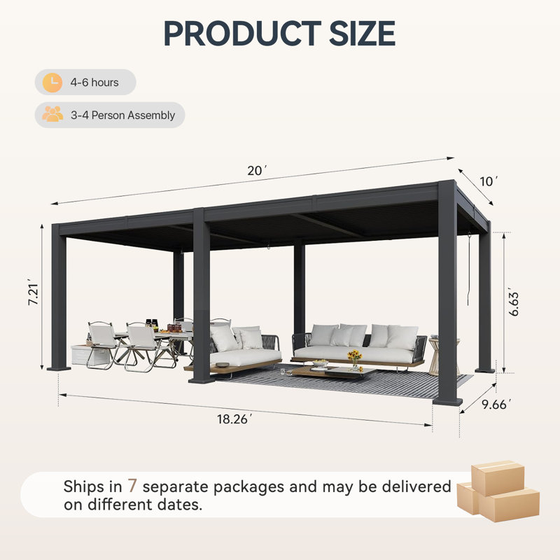 20 pi L 10 pi. D Pergola d'extérieur en métal avec toit réglable, 20 pi L 10 pi. D