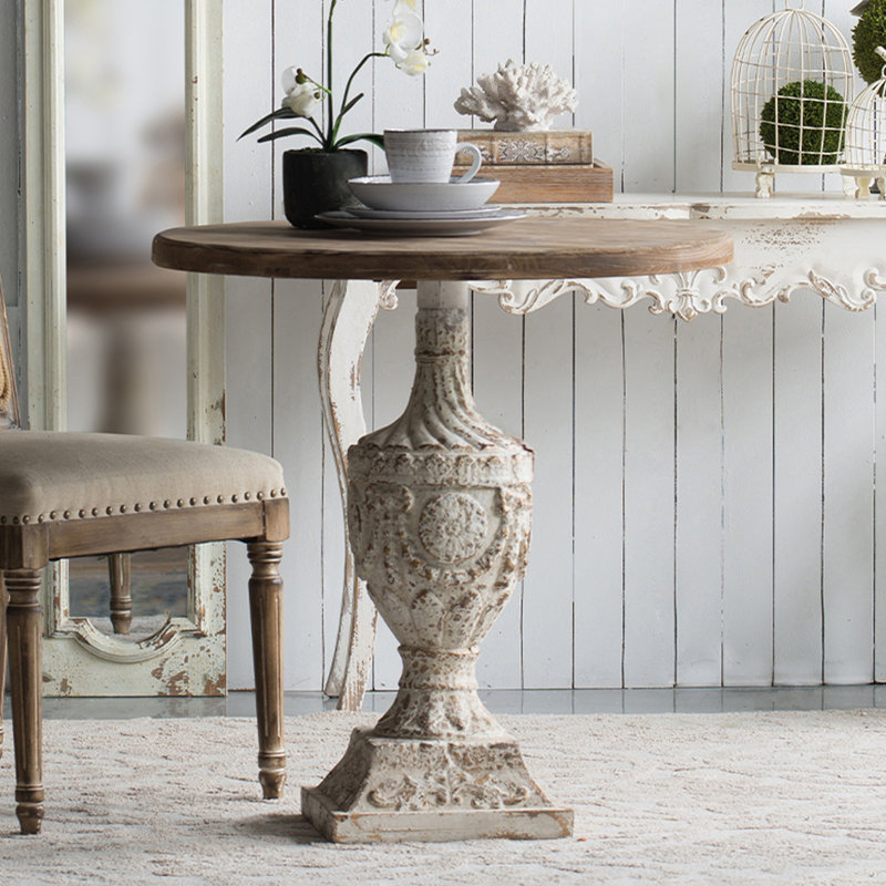 30" Ramani Antique Round Wood Table, Distressed Design, Rustic Style