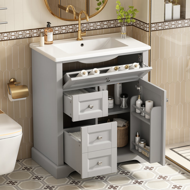 Single Bathroom Vanity with Ceramic Basin, Grey
