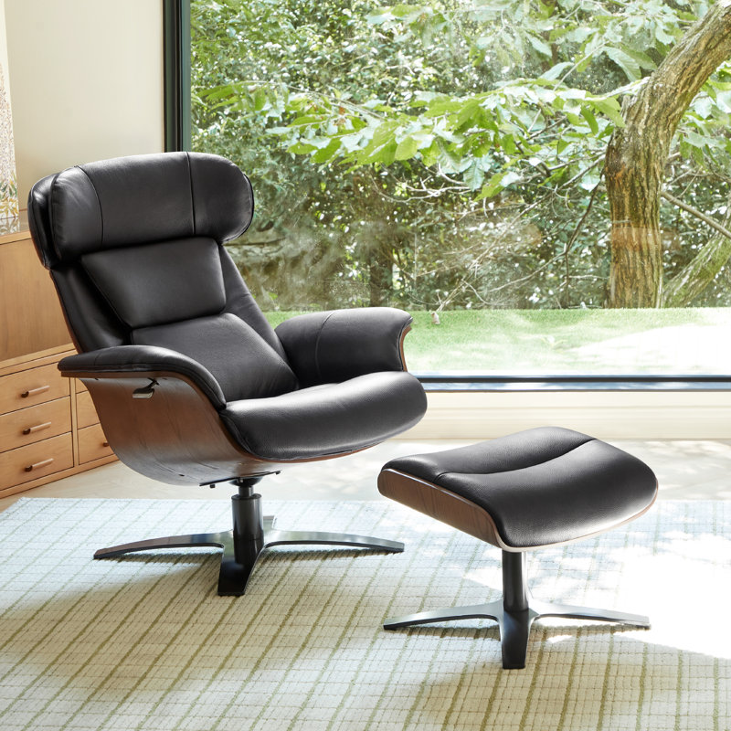 Seim 31.1" W Upholstered Reclining Swivel Chair and Ottoman with Adjustable Headrest, Black