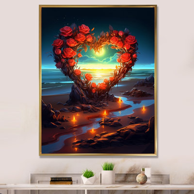 «Vibrant Red Roses Hart on Sunset Beach», reproduction