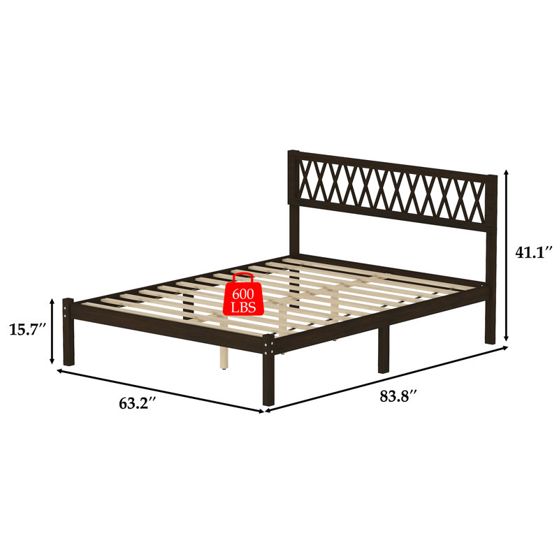 Rustic Acacia & Rubberwood Platform Bed Frame With Diamond Lattice Headboard, No Box Spring Required