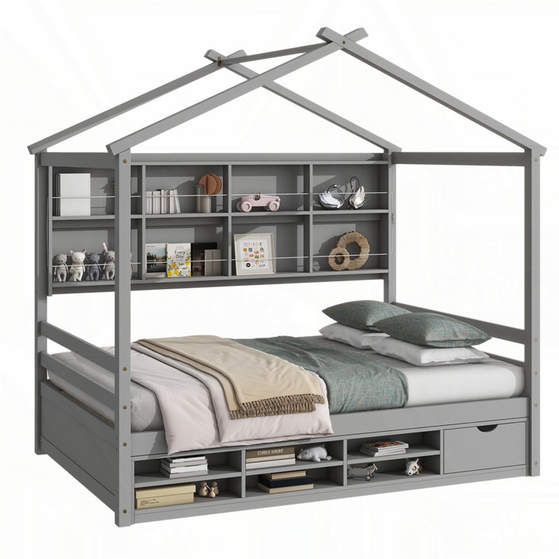 Lit double avec structure de toit, gris clair