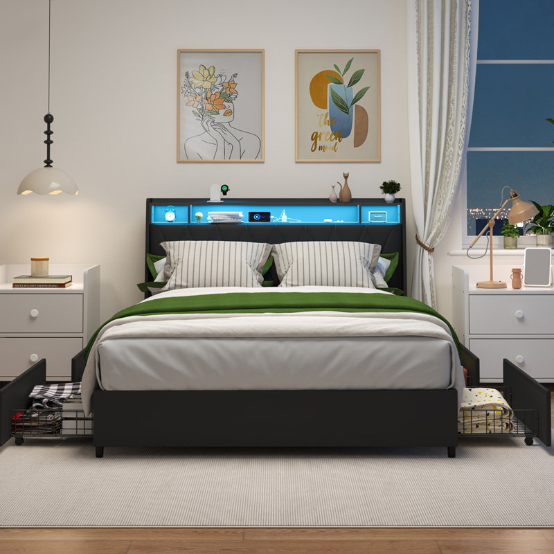 Bed Frame with Ergonomic Headboard, Platform Bed Frame with Outlets & Charger & LED Light, Metal Bed Frame with Storage Shelf, Noise-Free, No Box Spring Needed