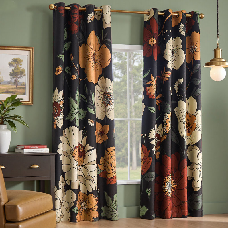 Blackout Boho Floral Printed Grommet Top Curtains Pair, 52" W X 84" L, Black