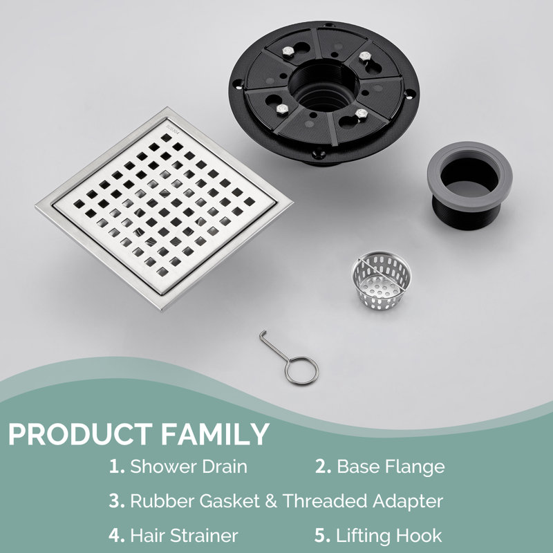 5.91'' Square Grid Shower Drain With Flange, Brushed Nickel