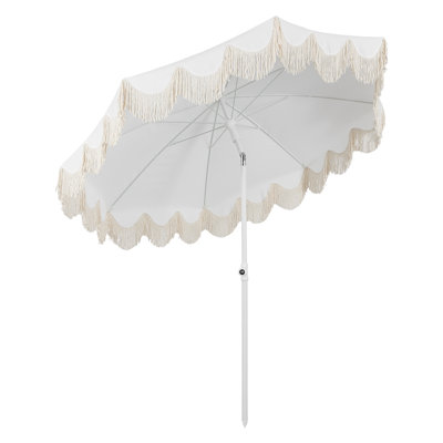 Mariner 6.5 ft. Solid Round Outdoor Beach Umbrella with Fringe, Push-Button Tilt, UV 50, White Canopy, White Pole